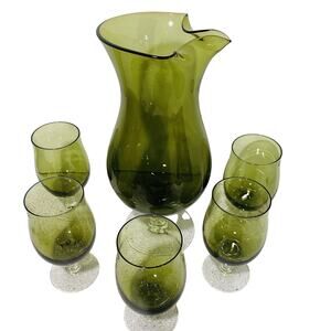 Vintage Sasaki Cocktail Set Green Art Glass Pitcher Decanter & 5 Wine Glasses